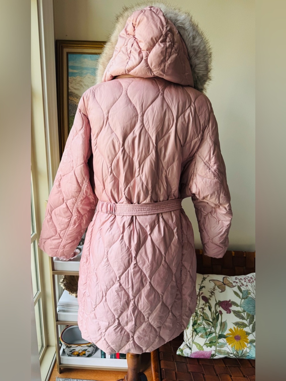 MICHAEL Michael Kors Blush Quilted Belted Puffer Coat with Faux Fur Hood - Picture 6 of 12